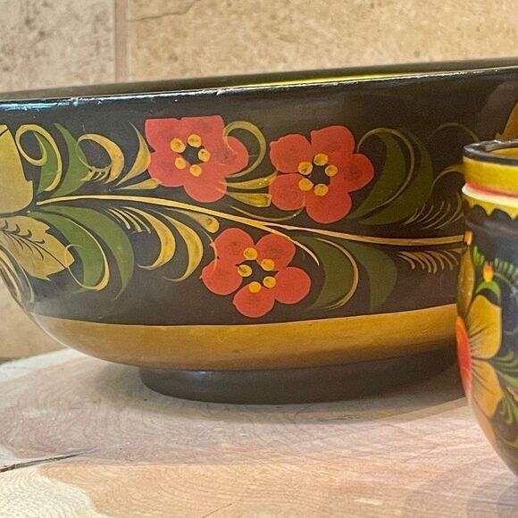Russian Khokhloma Hand Painted Vintage Wooden Folk Art Bowl Set - Picture 11 of 16